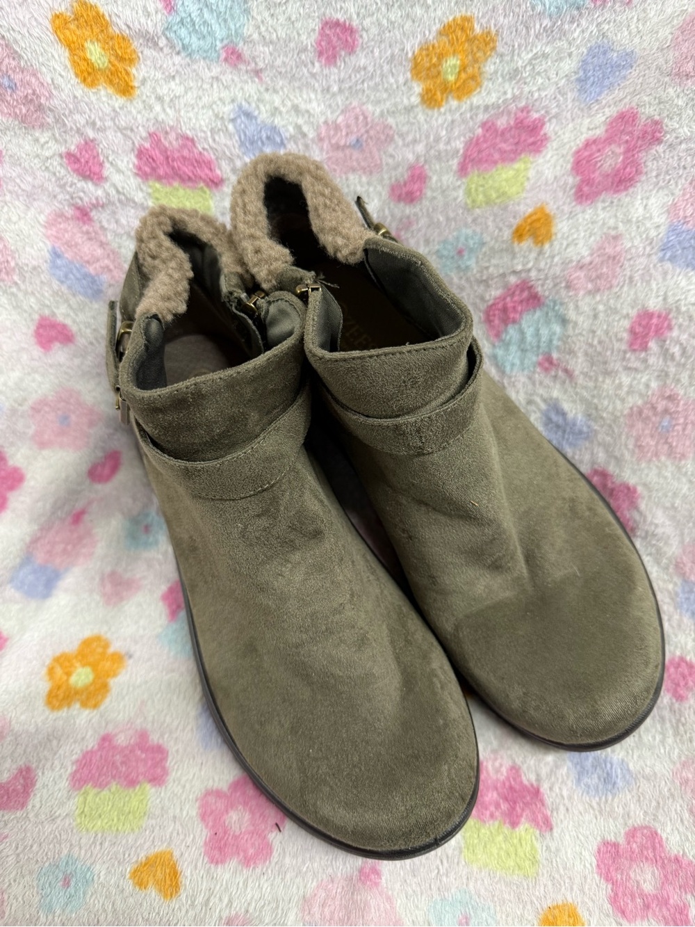 Bzees Olive Green Suede Ankle Boots with Shearling Trim